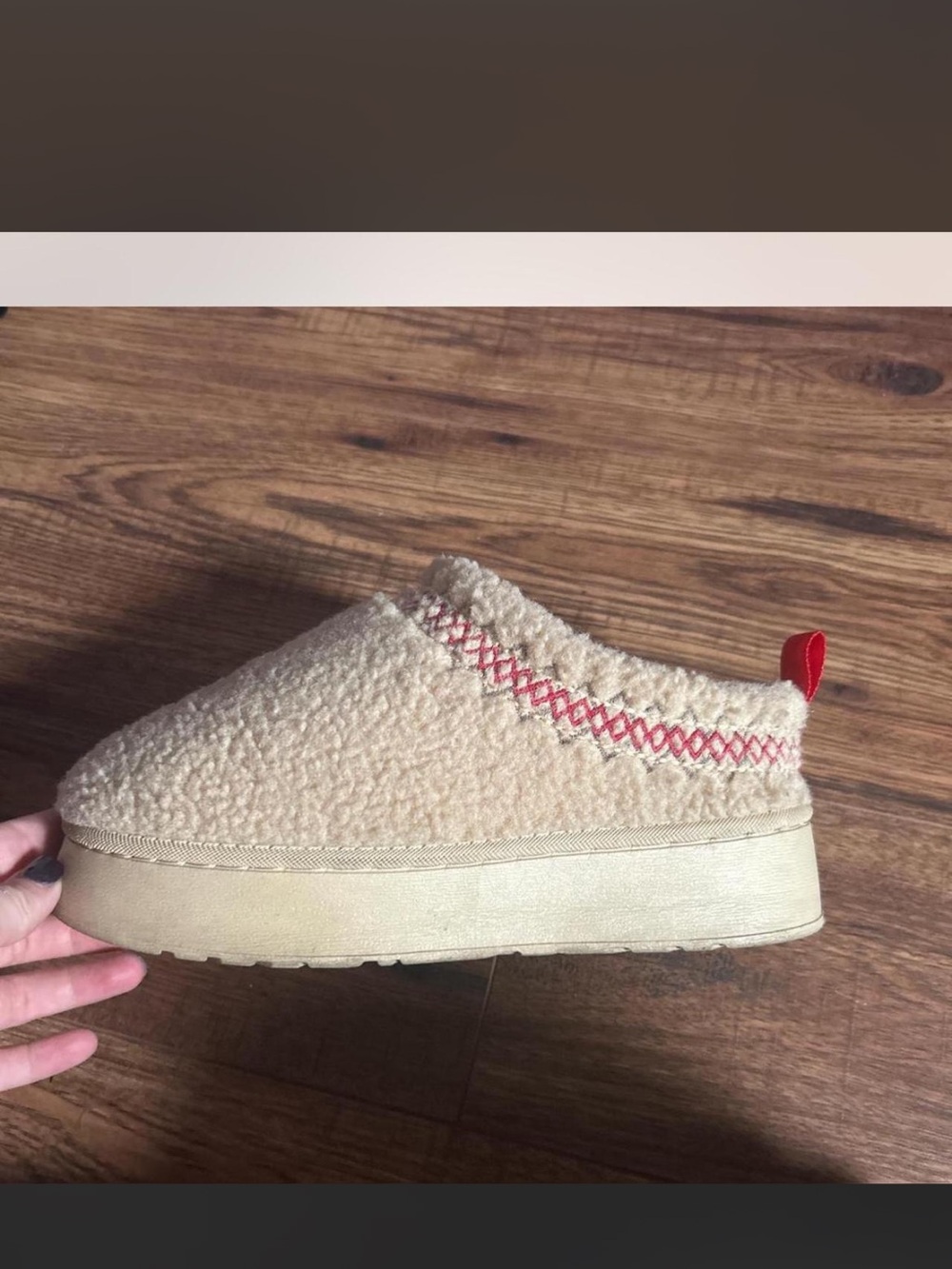Kids Beige Sherpa Slip-On Shoes with Red Accent